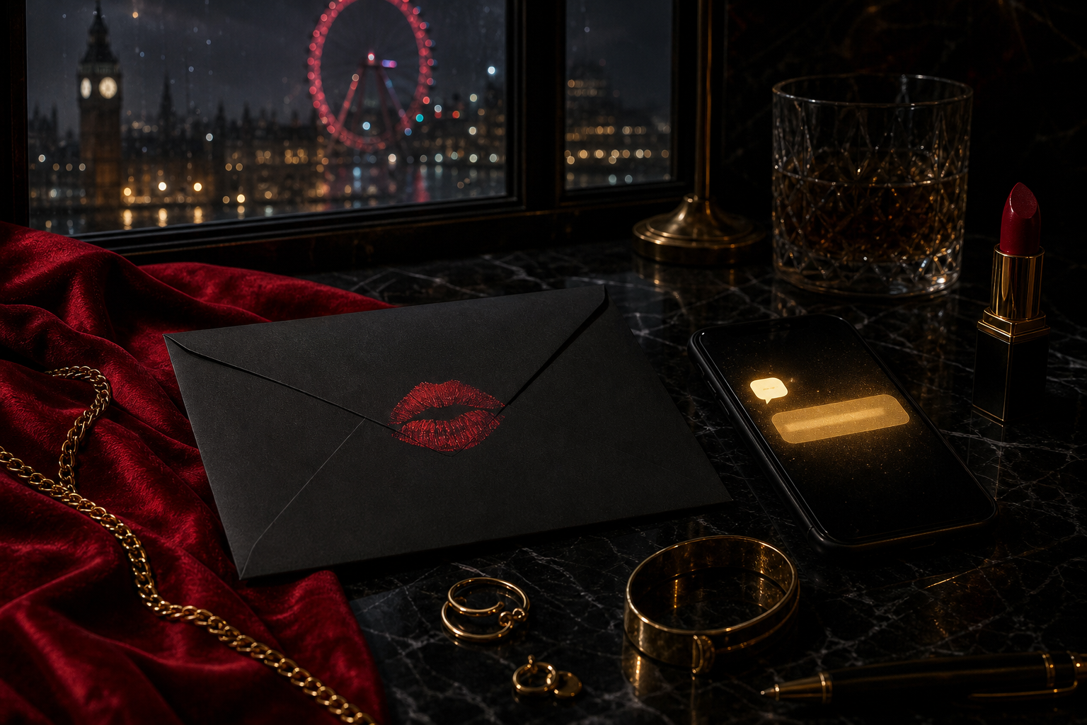 Luxury findom desk with phone and black envelope
